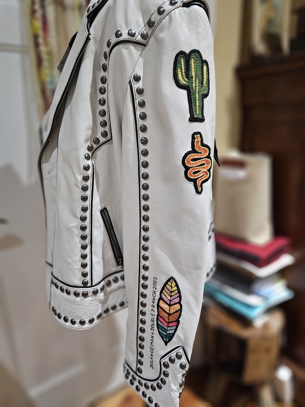 Double D Ranch "SENORITA" White Leather Fringe Studded Jacket, NWT - Picture 4 of 13